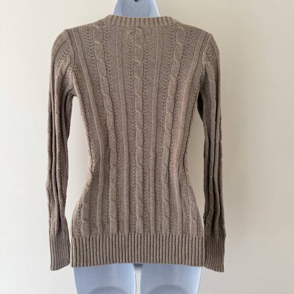 Beige Cable Knit Sweater V Neck Fitted Long Sleeve Cotton Ribbed Y2K Preppy XS - Picture 2 of 11